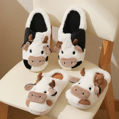 New Winter Unisex Cartoon Cow Warm Plush Slippers Couple's Indoor Non-slip House Slides Men And Women Toe Wrap Home Cotton Shoes