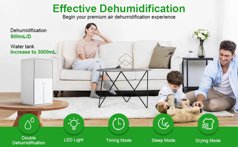 3.0L Dehumidifier Portable Large for Home, Quiet Air Dryer for Mould, Moisture, and Damp Control, Ideal for Bedrooms, Basements