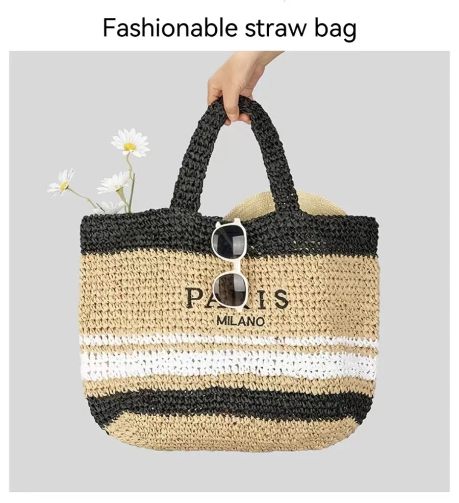 Women Summer Beach Vacation Fashion Straw Knitting Shoulder Bag Hollow Out Handwoven Handbag Portable Large Capacity Casual Tote