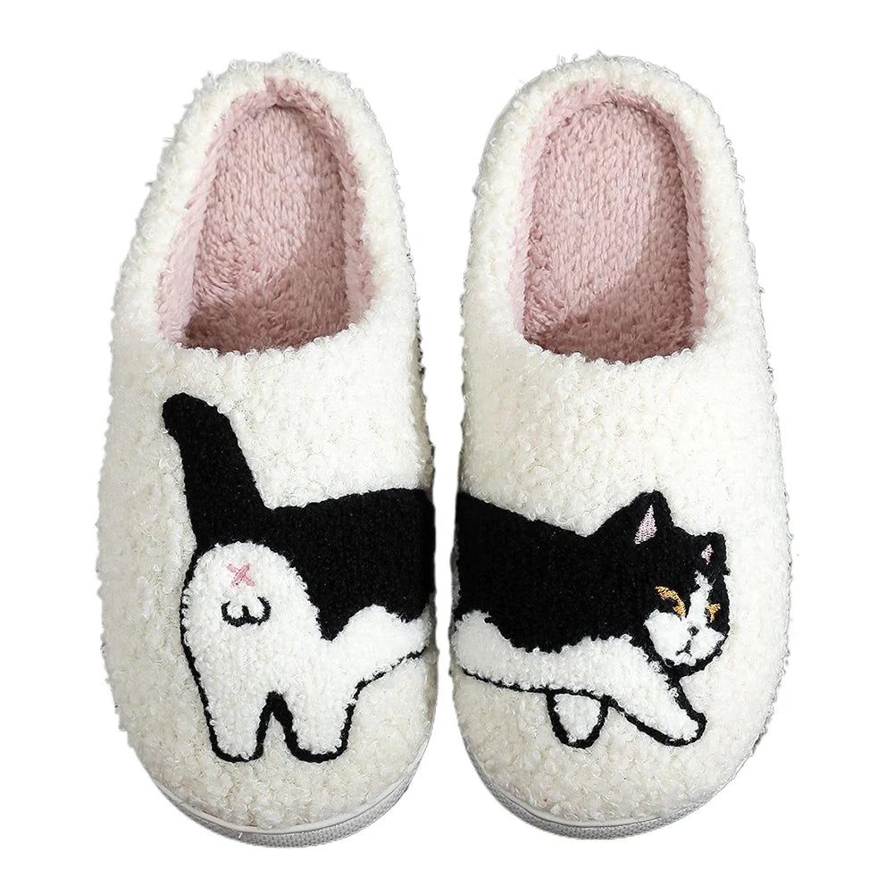 Plush Cow Cat Slippers Cute House Slippers Non-Slip Fluffy Pet Cat Slippers Comfortable Warm Couple Slippers for Bedroom Indoor