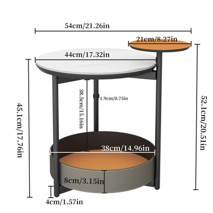 Unique 3-Tier Round Side End Table Sintered Stone-top and Saddle Leather Shelves Accent Bedside Table for Living Room, Bedroom