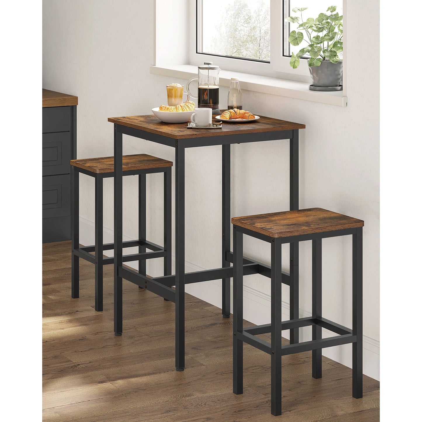 VASAGLE Bar Table and Chairs Set, Square Bar Table with 2 Bar Stools, Dining Pub Bar Table Set for 2, Space Saving for Kitchen