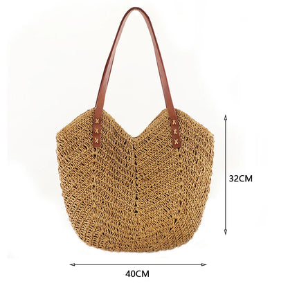 Women Straw Woven Shoulder Bag Solid Color Shoulder Summer Woven Pouch for Women Handmade Traveling Handbags Underarm Bags