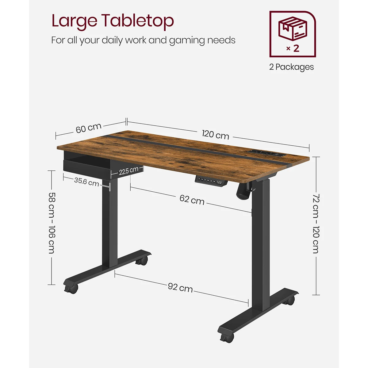 VASAGLE Height Adjustable Electric Standing Desk, 60 x 120 cm Desktop, Continuous Adjustment, Memory Function with 4 Heights