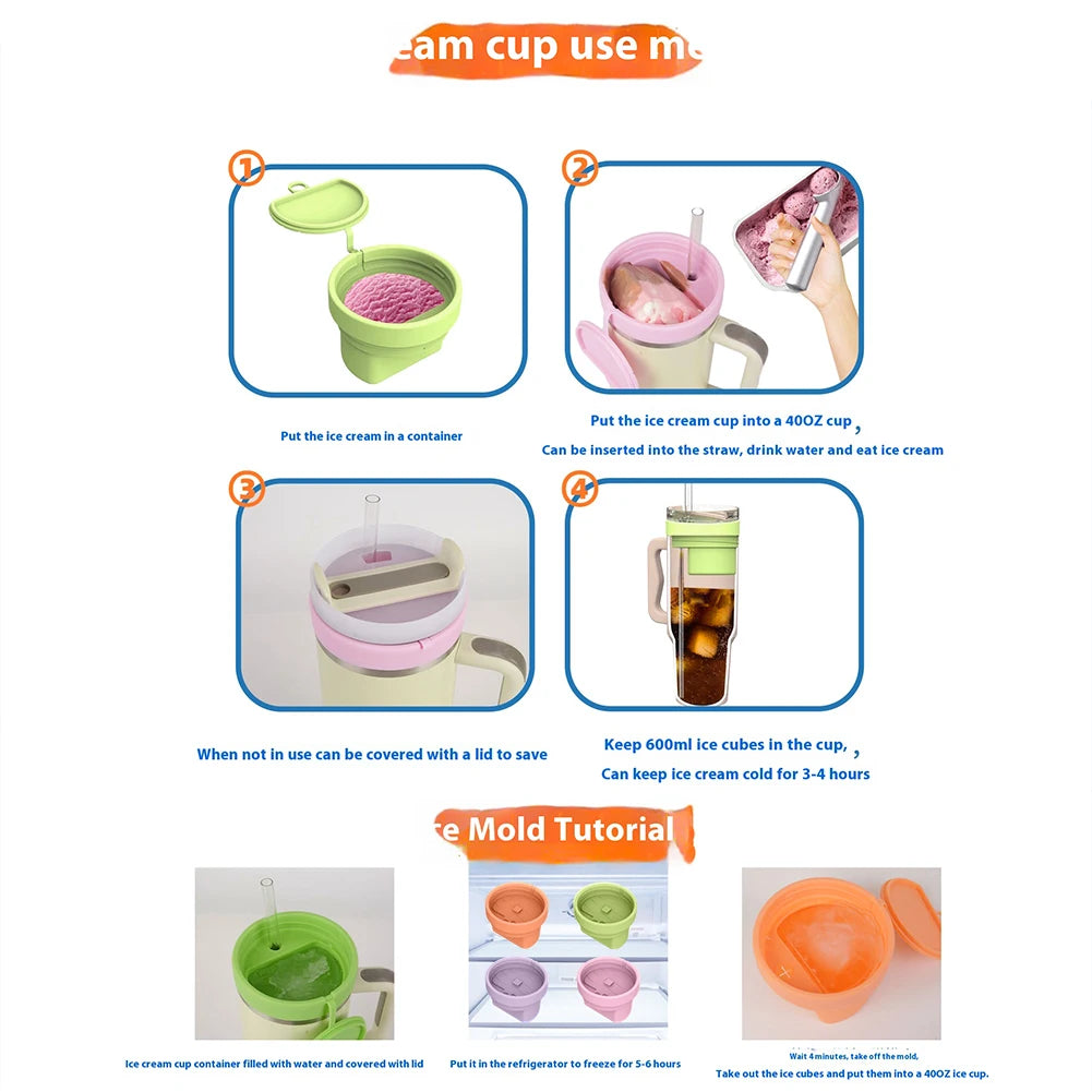 Silicone Ice Cream Cup with Lid & Spoon Freezer Storage Container Reusable Snack Bowl for Stanley 40oz Water Cup Accessories