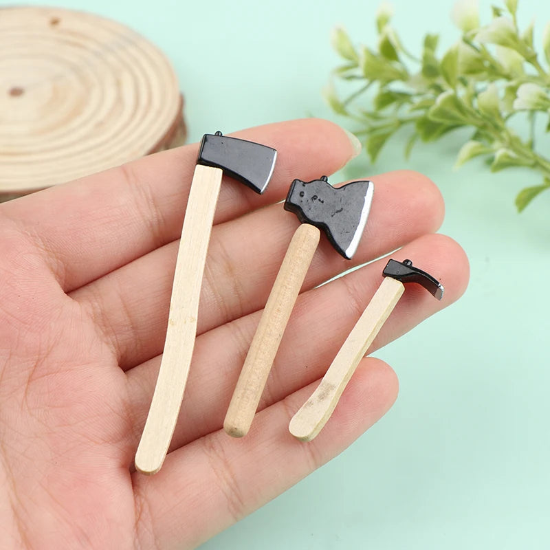 New 3Pcs/set 1/12 Scale Dollhosue Mini Wood Metal Chopper Hatchet Dollhouse Miniature Farming Tools Garden Tools