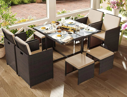 SONGMICS Garden Furniture Set Dining Table and Chairs, Set of 9 PE Rattan Outdoor Patio Furniture, Glass Top Coffee Table