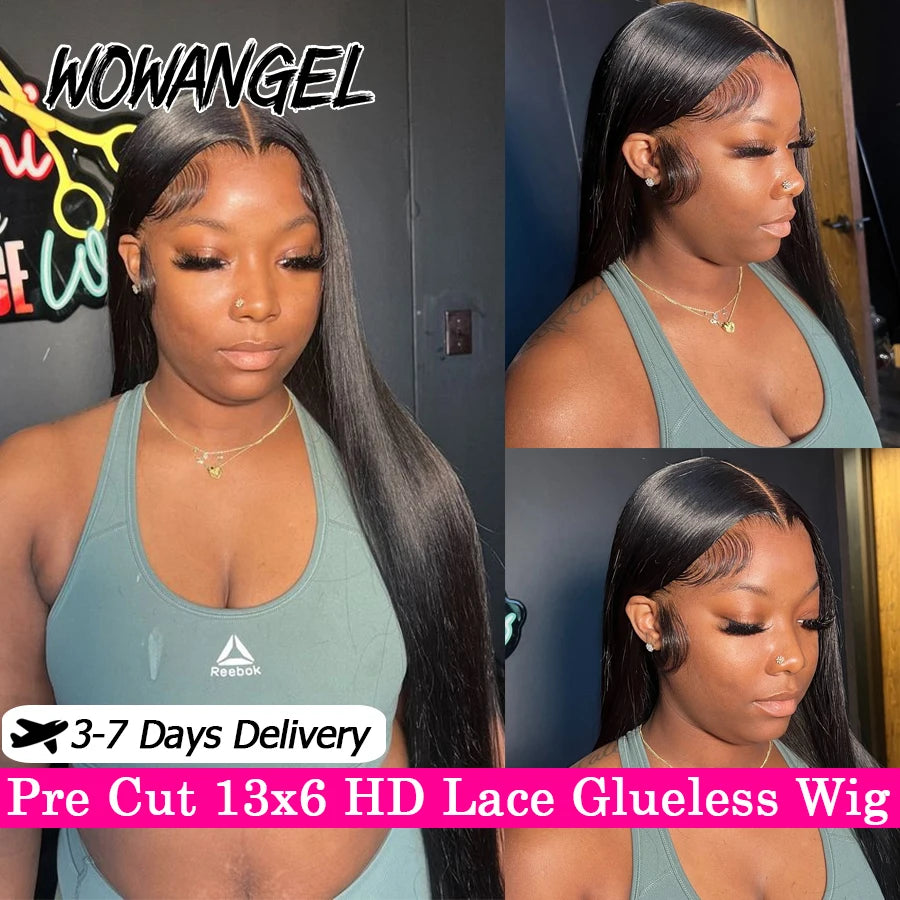 WowAngel 250% Pre Cut Lace 13x6 HD Lace Front Wigs 34in Glueless Straight Human Hair Wigs Pre Plucked Brazilian Hair For Women