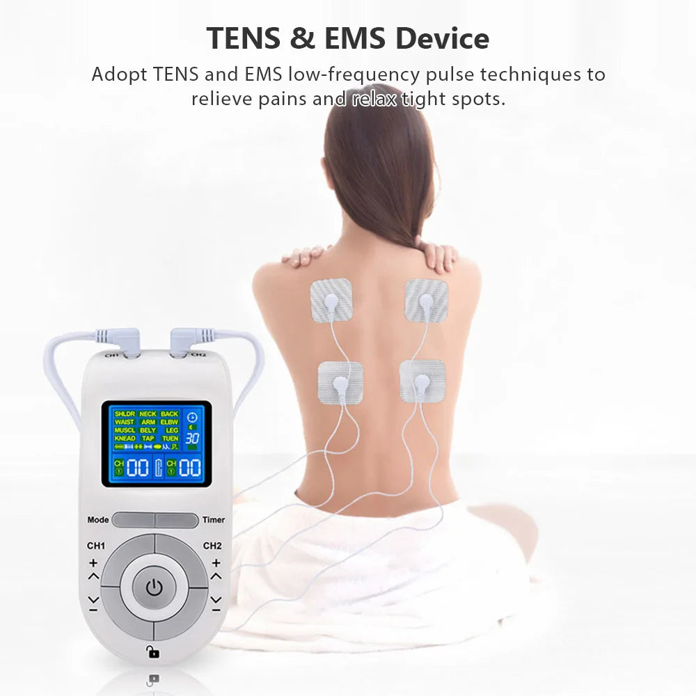 Portable Dual-Channel TENS&EMS Device Pulse Massager Muscle Stimulator Unit 12 Massage Modes 40 Strength Levels Adjustable Timer