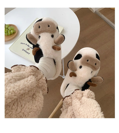 Winter Cow Cotton Slippers Cartoon Warm Plush Slides Shoes Couple's Indoor Non-slip Slides House Men and Women Home Flip Flops