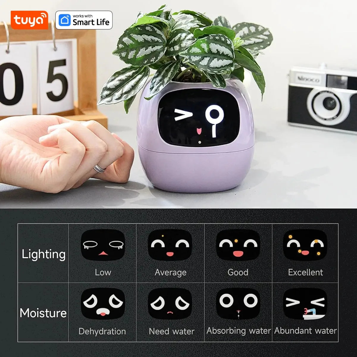 White Tuya Ivy Smart Planter,Endless Fun Over 49 Rich Expressions,7 smart sensors and AI Chips Make Raising Plants Easy and Fun