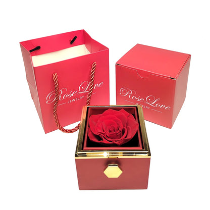 Rotating Jewelry Box with Engraved name Necklace Forever Flower Preserved Rose Box Mother's Day Birthday for Mom Wife Girlfriend