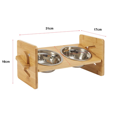 Wooden Raised Cat Bowls, Food Container, Drinking Dish, Bamboo Stand, Stainless Bowl, Height Adjustable