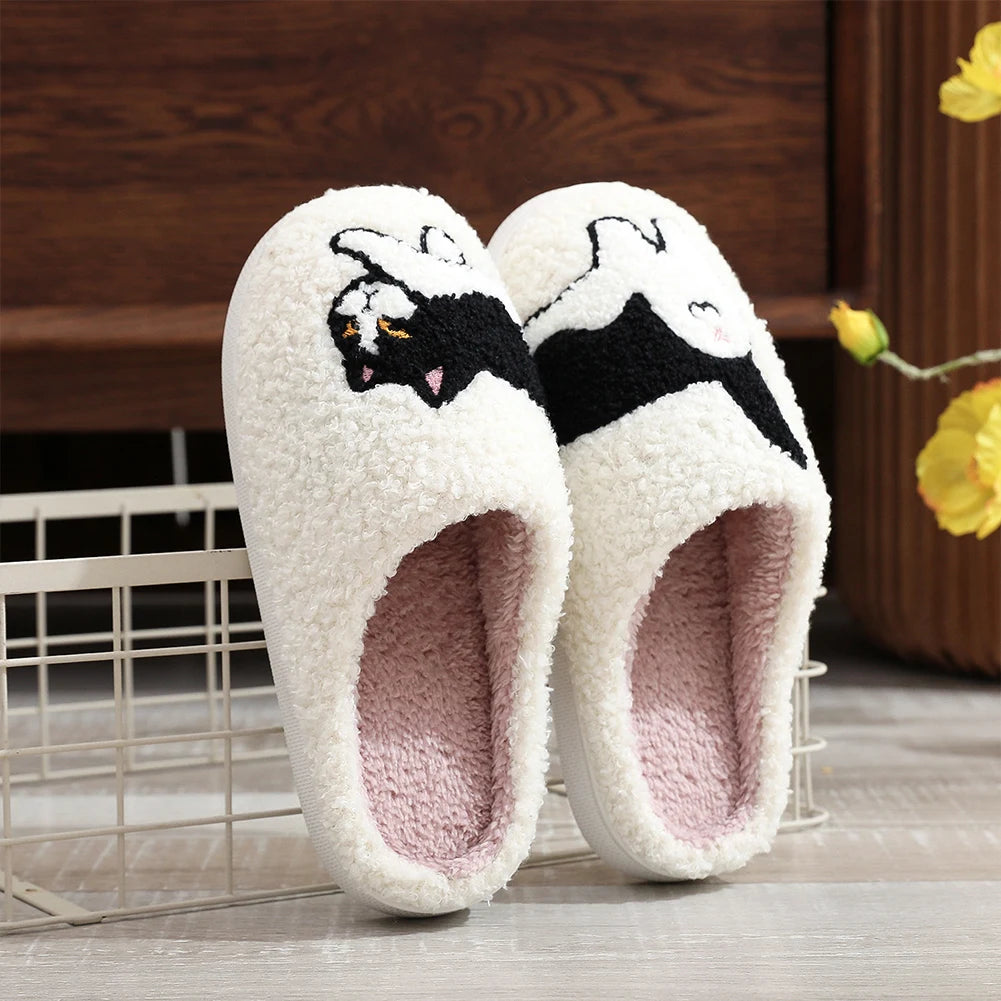 Plush Cow Cat Slippers Cute House Slippers Non-Slip Fluffy Pet Cat Slippers Comfortable Warm Couple Slippers for Bedroom Indoor