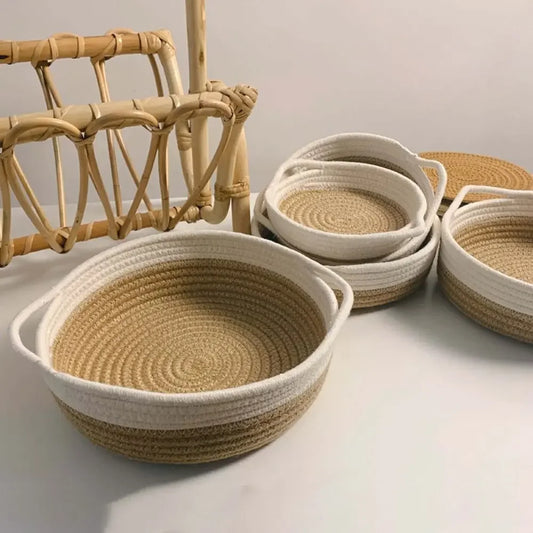 Cotton Rope Woven  Baskets Set Handmade Round 5 Sizes Sundries Organizer with Handle for Cosmetics Bathroom Kitchen Baby basket