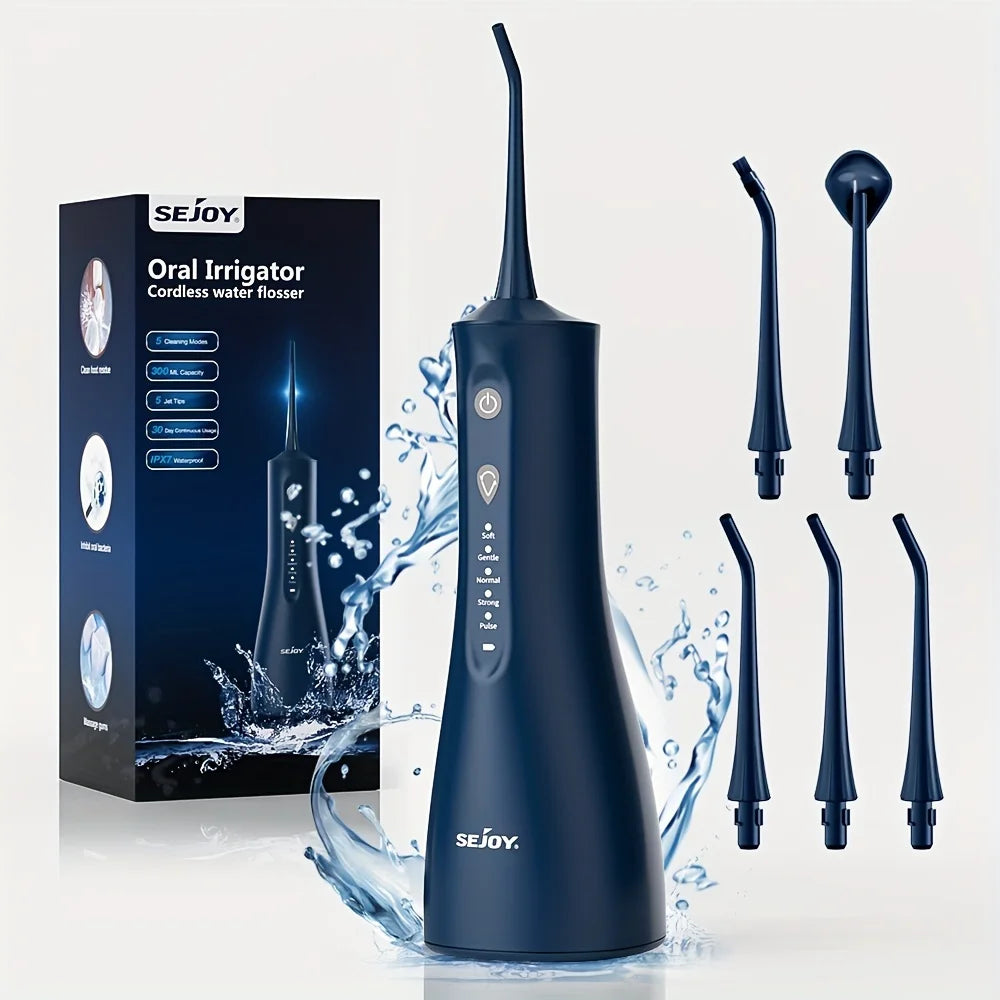 Sejoy Cordless Water Dental Flosser for Teeth Cleaning Denture Brushes 5 Tips IPX7 Portable Oral Irrigator for Home Travel