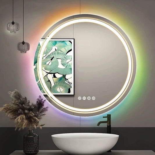 Round LED Bathroom Mirror, Backlit and Front Lit, Wall Mounted Vanity Mirror, Dimming and Demister, 60 cm, 80cm