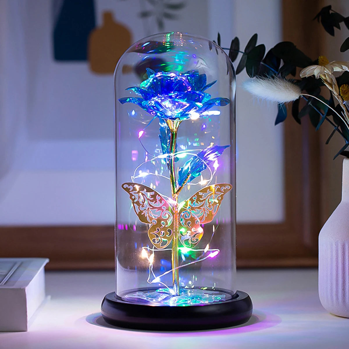 Rose Light Artificial Galaxy Rose Lamp with Butterfly  Colorful LED Rose Flowers In Glass Valentine's Mother Day Gift for Women