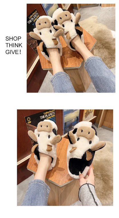 Pallene Women Winter Fur Fuzzy Slippers Cute Cartoon Cow Plush Slippers Indoor Warm Comfy House Slides Soft Casual Cotton Shoes