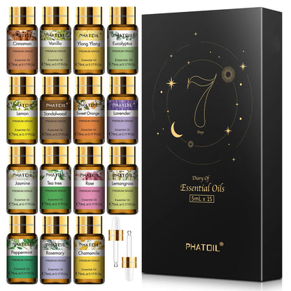 PHATOIL 15pcs Gift Set Aromatherapy Essential Oils For Humidifier-5ml Lavender Rose Jasmine Eucalyptus Fragrance Aroma Oils