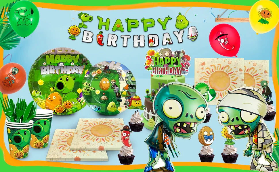 Plants vs Zombies Party Supplies,169pcs Plants vs Play Game Zombies Party Kit-Balloons Banner Backdrop Stickers Plates Cups etc