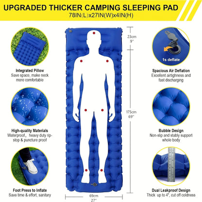 Outdoor camping super thick 4-inch inflatable sleeping mat with built-in pillow and pump air mat for travel hiking climbing