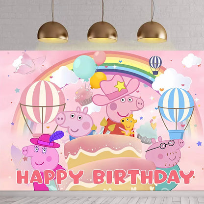 Peppa Pig Birthday Party Decoration Banner Cartoon George Page Balloons Paper Plates Disposable Tableware Decor Background