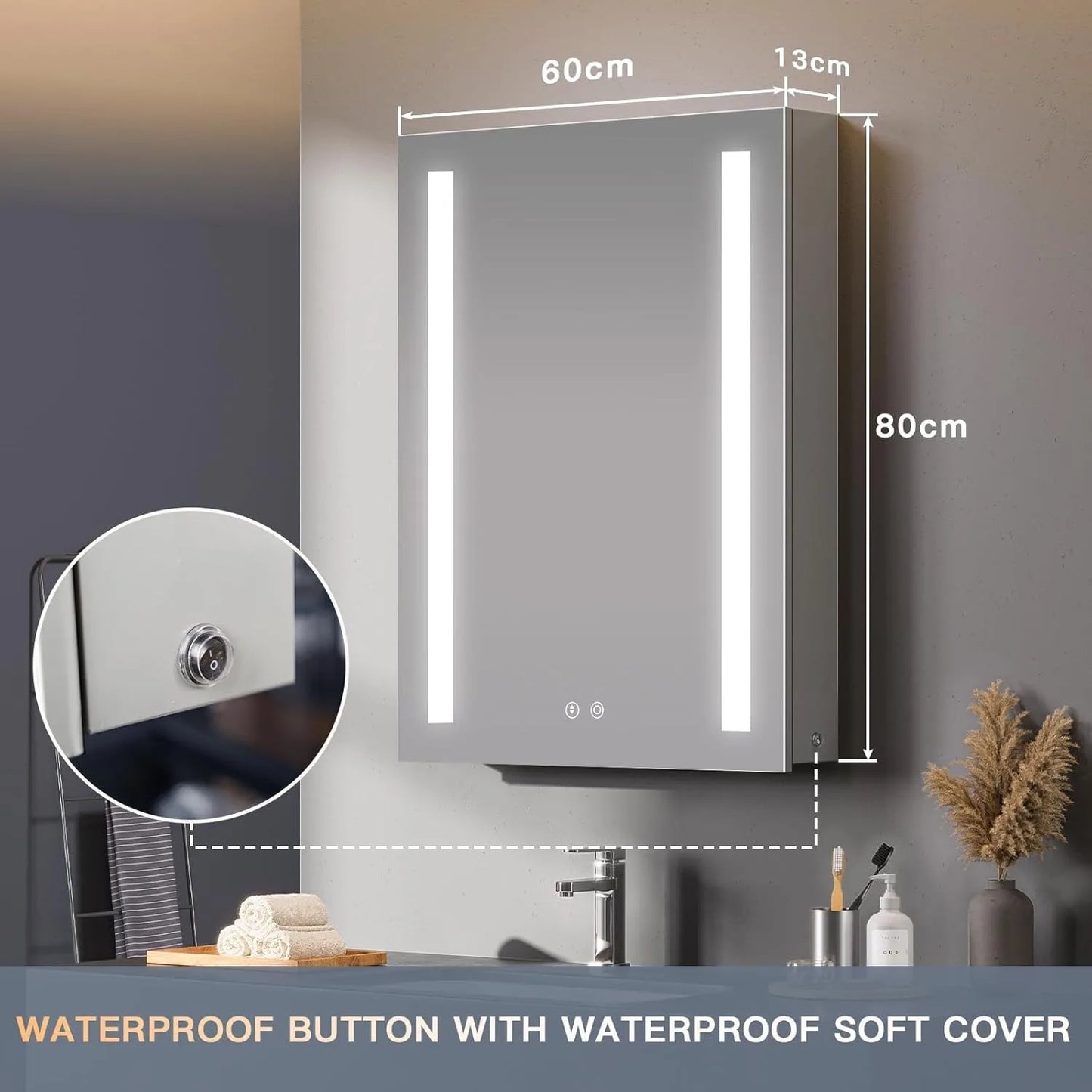 Mirror Cabinet with LED, Illuminated LED Bathroom Mirror Cabinet with Shaver Socket Dimmable Switch 3 Colors and Demister Pad