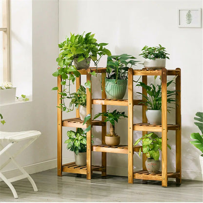 10 Pot Bamboo Plant Stand for In/Outdoor, Bonsai Flower Display, Shelf Holder Rack, Stylish