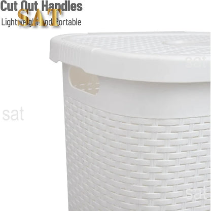 50L Slim Laundry Hamper, Clothes Basket, Lid, Wicker Design, Plastic, 17.65"L x 13.75"W x 21"H