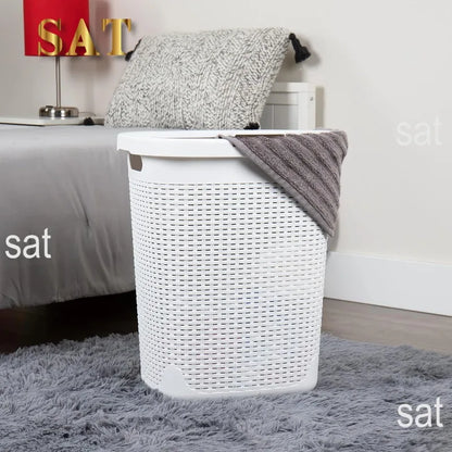 50L Slim Laundry Hamper, Clothes Basket, Lid, Wicker Design, Plastic, 17.65"L x 13.75"W x 21"H