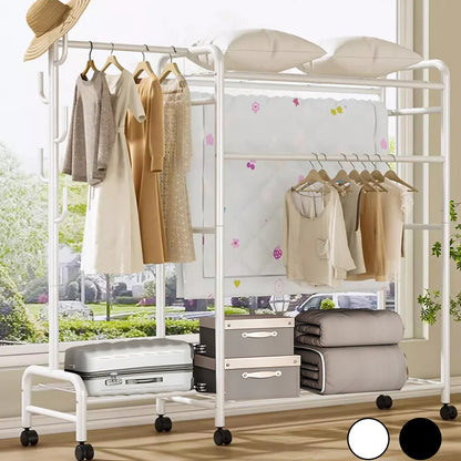 [EU UK Stock]Coat Rack Movable Double Clothes Shelf Clothes Floor-Standing Bedroom Wheeled Floor Hangers Storage Coat Rack