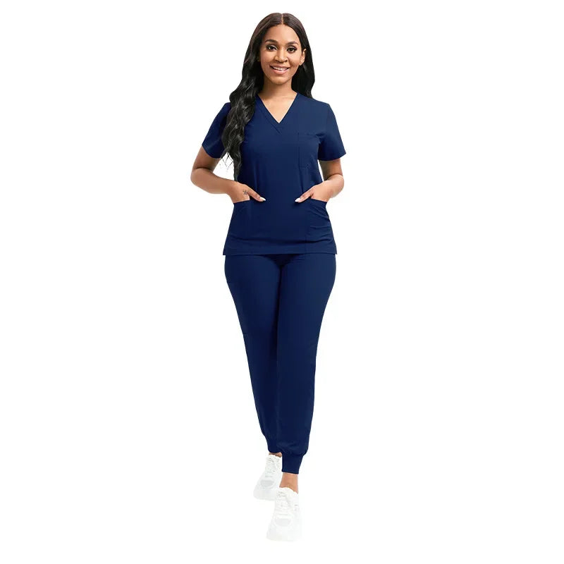 Women V-neck Short Sleeve Scrubs Surgical Nursing Uniforms Nurse Pocket Workwear Dentist Medical Uniforms Clinic Scrub Suit