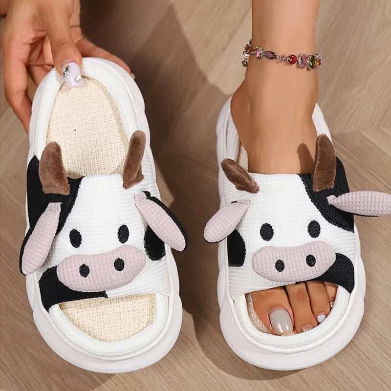 Pallene Women Winter Fur Fuzzy Slippers Cute Cartoon Cow Plush Slippers Indoor Warm Comfy House Slides Soft Casual Cotton Shoes