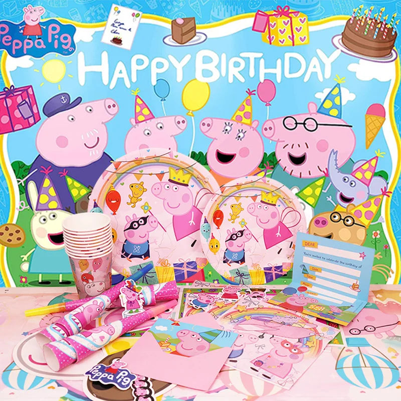 Peppa Pig Birthday Party Decoration Aluminum Foil Balloon For Kid Event Supplies Disposable Tableware Banner Backdrop Gift