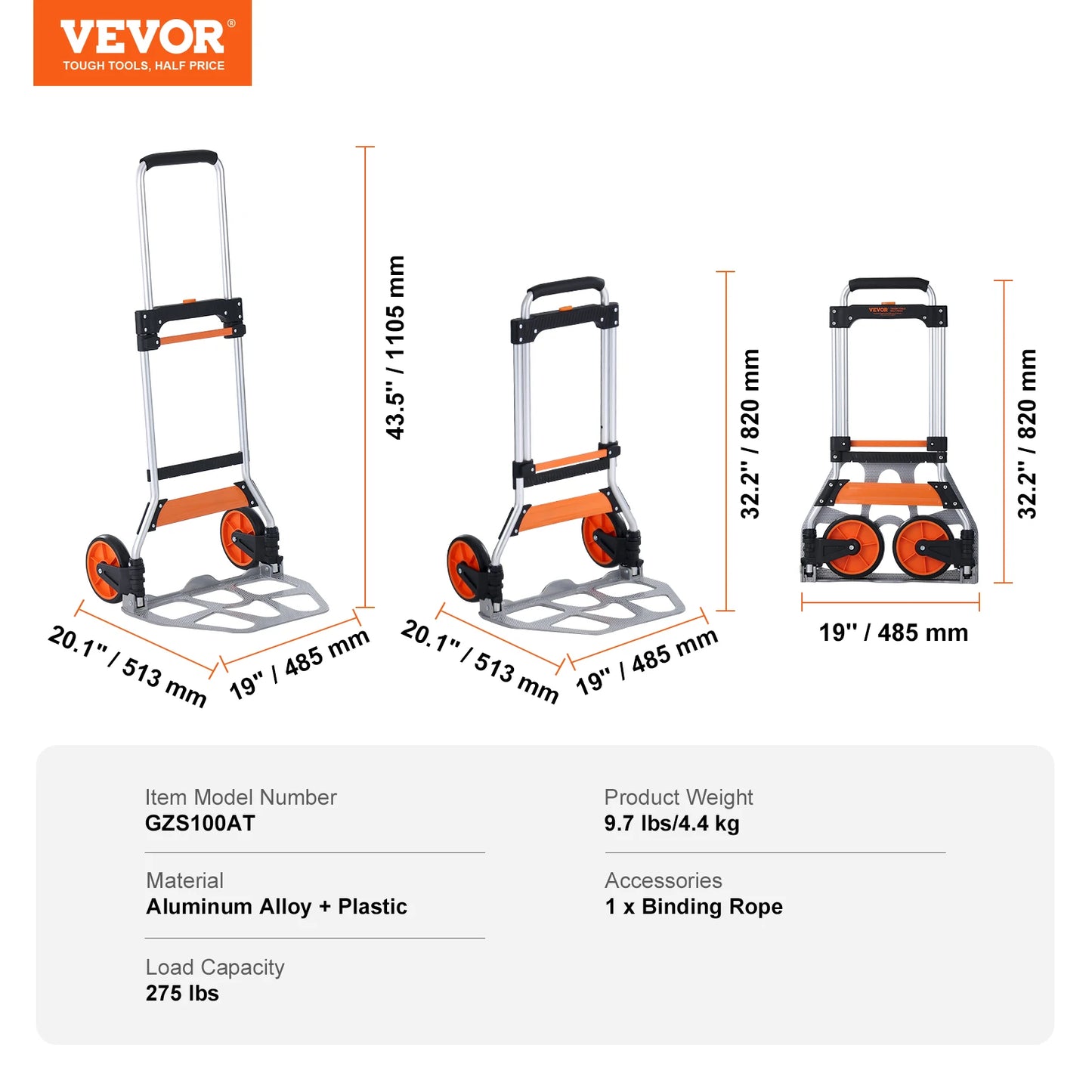 VEVOR 176/275/309 lbs Folding Hand Truck Portable Cart Dolly with Telescoping Handle and Binding Rope for Moving Warehouse