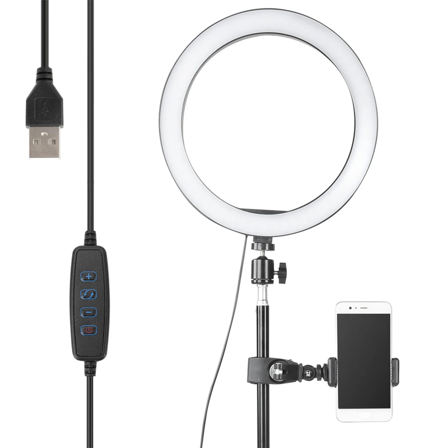 10 Inch Dimmable LED Ring Fill Light USB Camera Video Lamp with Tripod Phone Clip Set