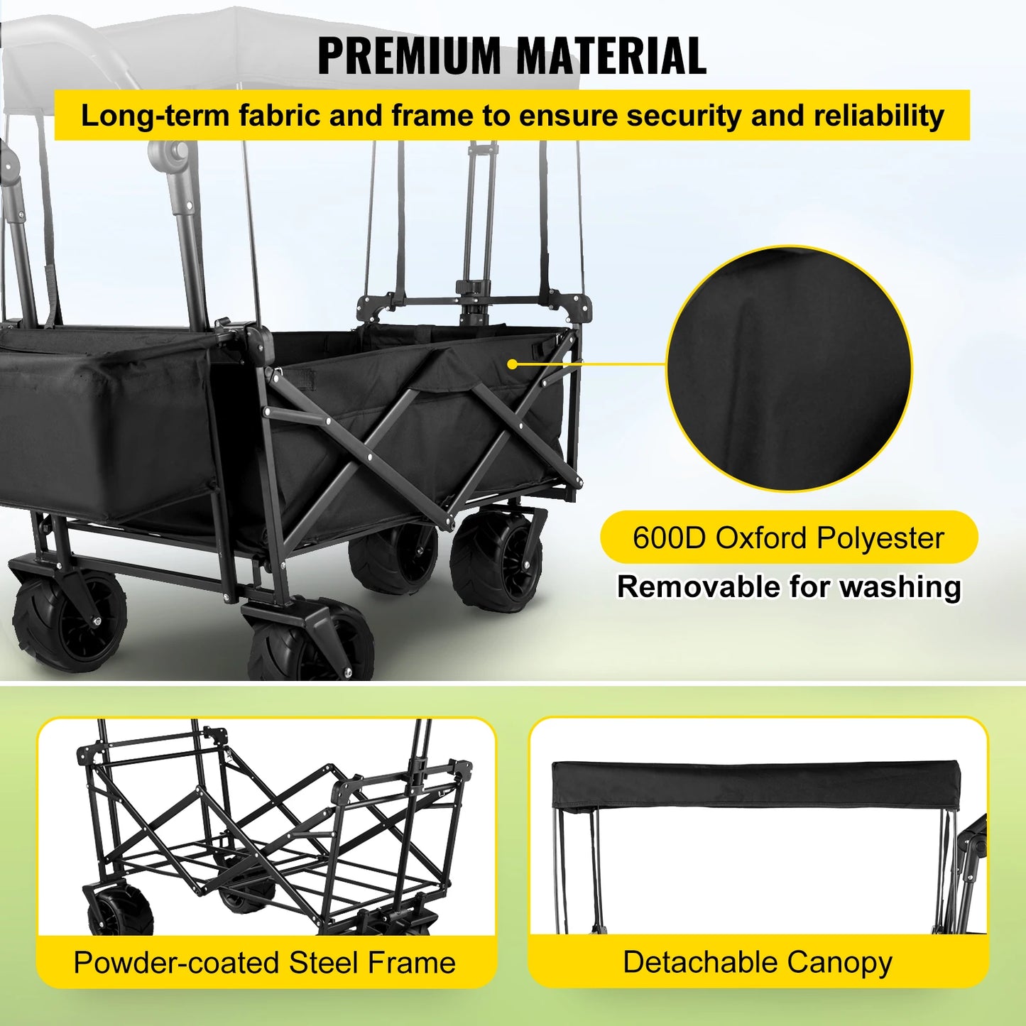 VEVOR Folding Wagon Cart W/ Adjustable Handle Bar Removable Canopy Oxford Cloth Collapsible Shopping Outdoor Camping Beach Cart