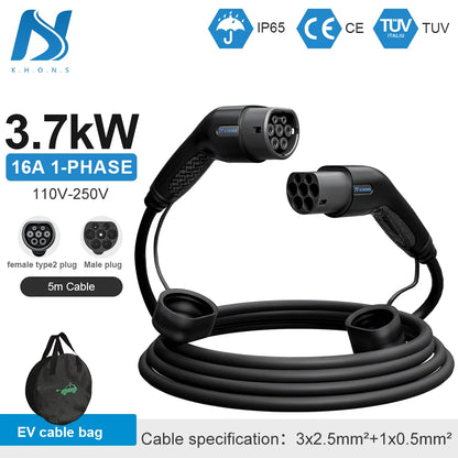 Khons Type2 To Type2 Ev Charging Cable  3Phase 32A Female To Male Plug 5M Cable 22kw IEC62196-2  EVES Charging Stations