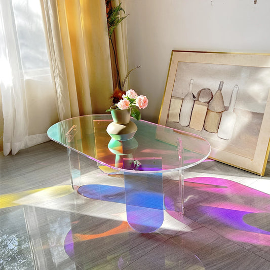 Shatterproof Acrylic Coffee Tables Side End Table for Living Room Office Iridescent Accent Side Table 4 Legs Home Decor