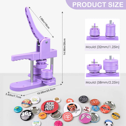 DIY Badge Press Machine with Molds 32+58 mm200 Plastic Badge Sets Round Paper Cutter 10 Bottle Openers & 10 Key Chains