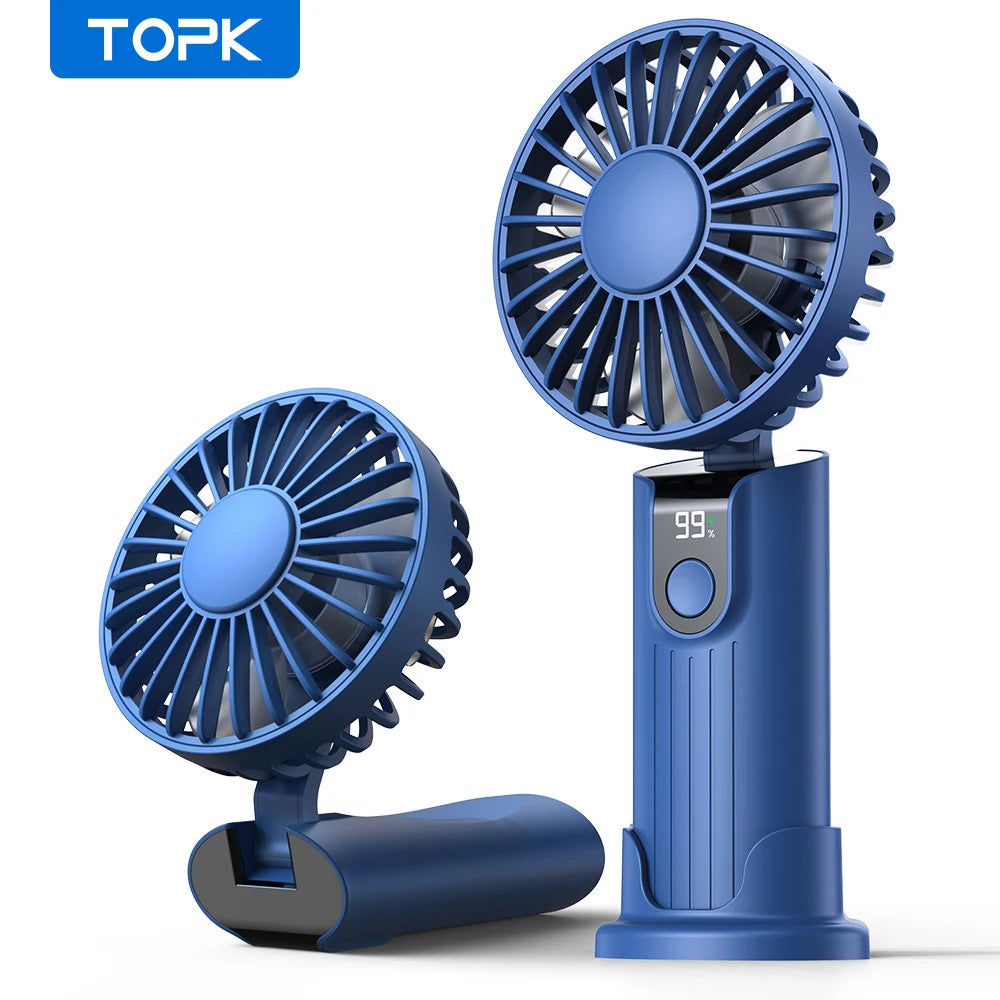 TOPK Portable Hand Held Fan,5000mAh 2-IN-1 Neck HandHeld Fan 180° Foldable Whisper-Quiet Brushless Motor Comes with Hanging Rope