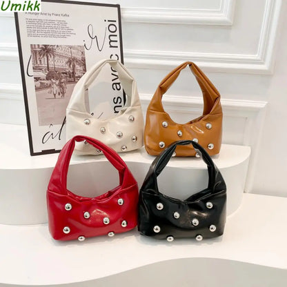 Vintage PU Leather Women's Handbags Purses Personalized Rivet Design Fashion Shoulder Bags Luxury Studded Beading Underarm Bags