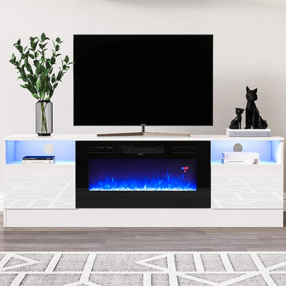 KOMORE Recessed Electric Fireplace TV Stand with Closed Storage, Overheating Protection, 12 Colors, 1-8H timer, Black&White