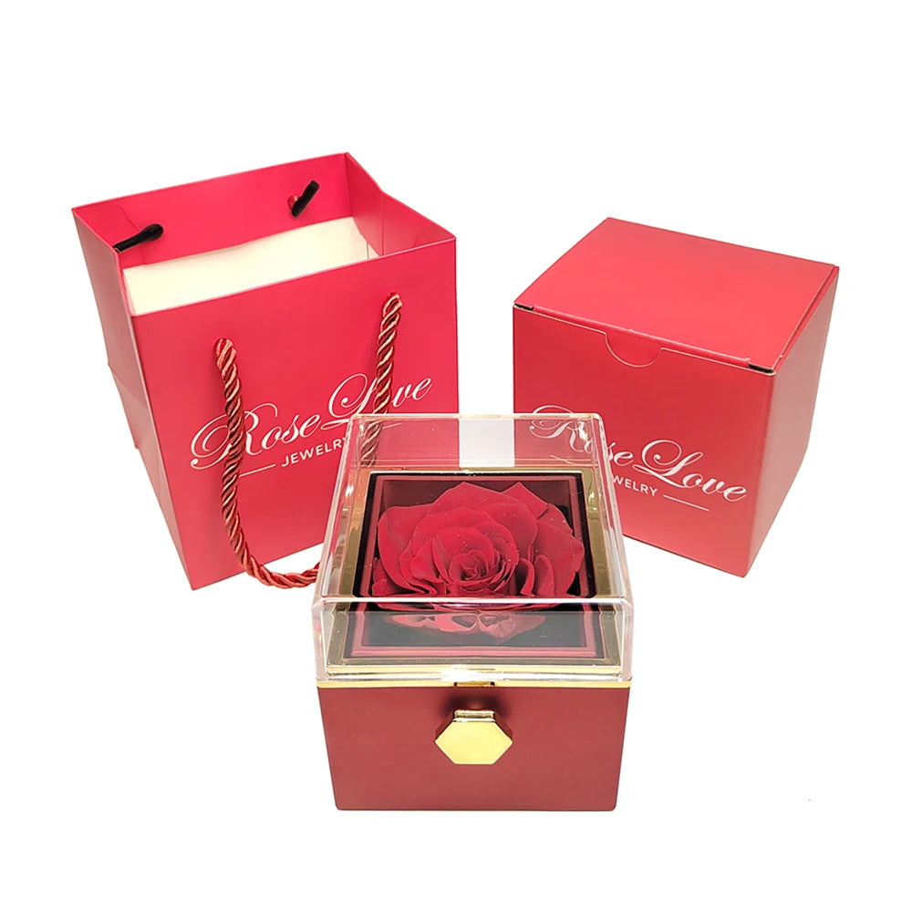 Rotating eternal rose engraved necklace valentines mother day gift box Engraved Interlocking Heart Necklace Eternal Rose Box