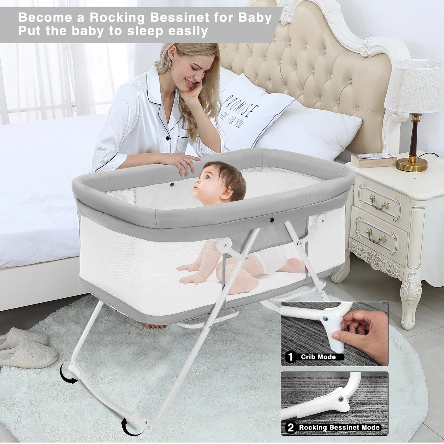 UBRAVOO Baby 2 in 1 Cribs and Cradles, Easy Folding Travel Cot with Mattress Multifunction Bedside Rocking for Newborn