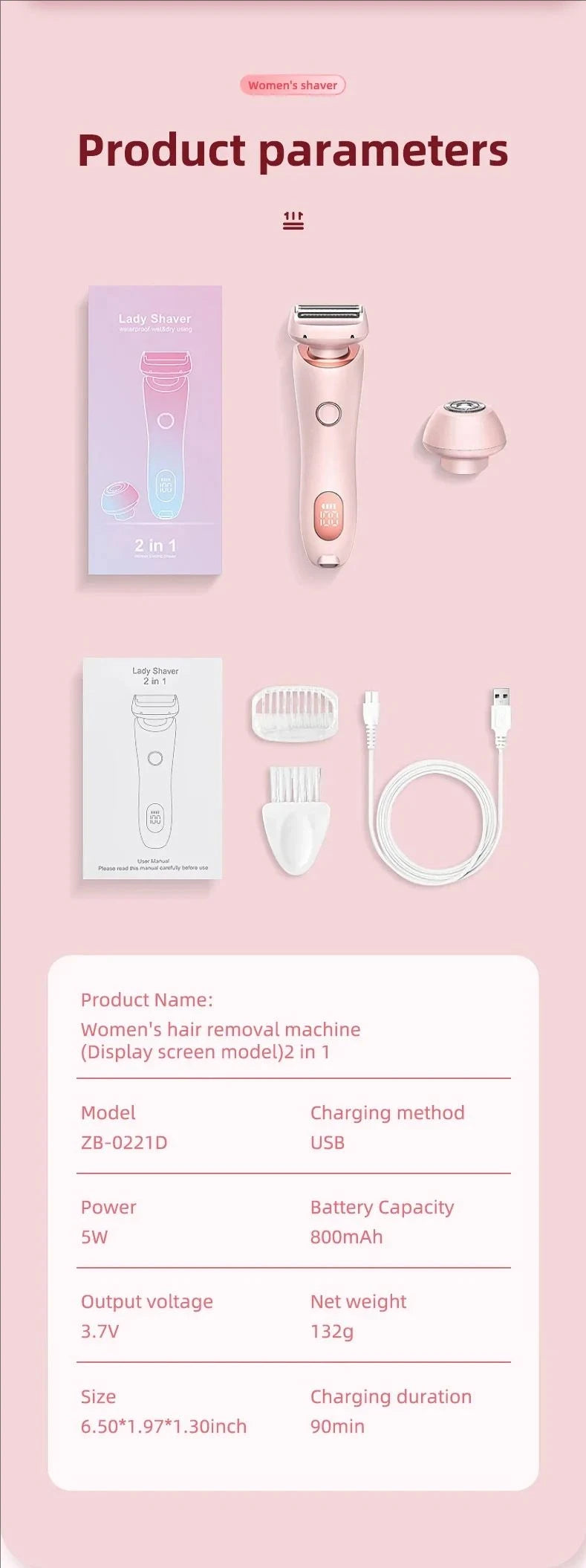 2-in-1 painless home hair removal device for women, hair trimming and shaving electric depilator for pubic hair, armpit hair,