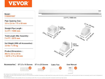 VEVOR Mini Split Line Set Cover PVC Decorative Pipe Line Cover For Air Conditioner Easy to Install Paintable for Heat Pump White