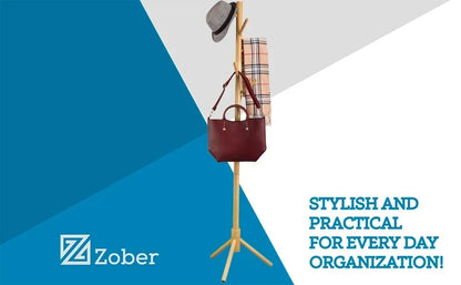 ZOBER Coat Rack Free Standing - Wooden Coat Tree W/ 6 Hooks - Coats, Purses, Hats - Adjustable Sizes, Easy Assembly - Natural