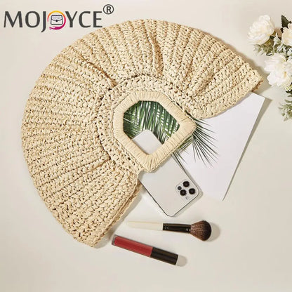 Women Handmade Straw Tote Bag Large Capacity Bohemia Moon Handbag Solid Color Simple Weaving Wrist Bag Summer Beach Bag